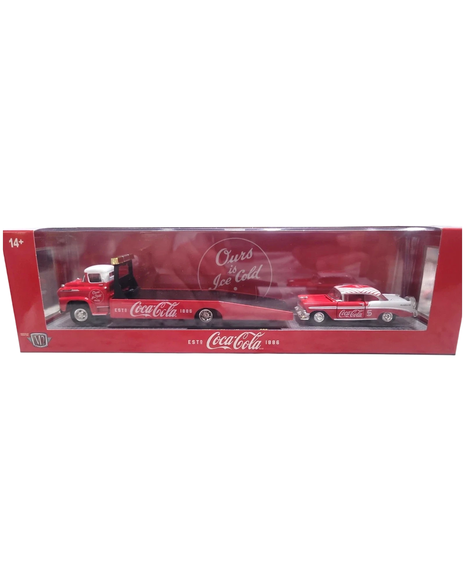 More Than Diecast M2 Machines 1:64 scale Coca-Cola set featuring a 1958 Chevy Spartan LCF hauler and 1956 Bel Air car.