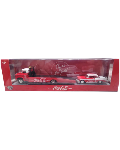 More Than Diecast M2 Machines 1:64 scale Coca-Cola set featuring a 1958 Chevy Spartan LCF hauler and 1956 Bel Air car.