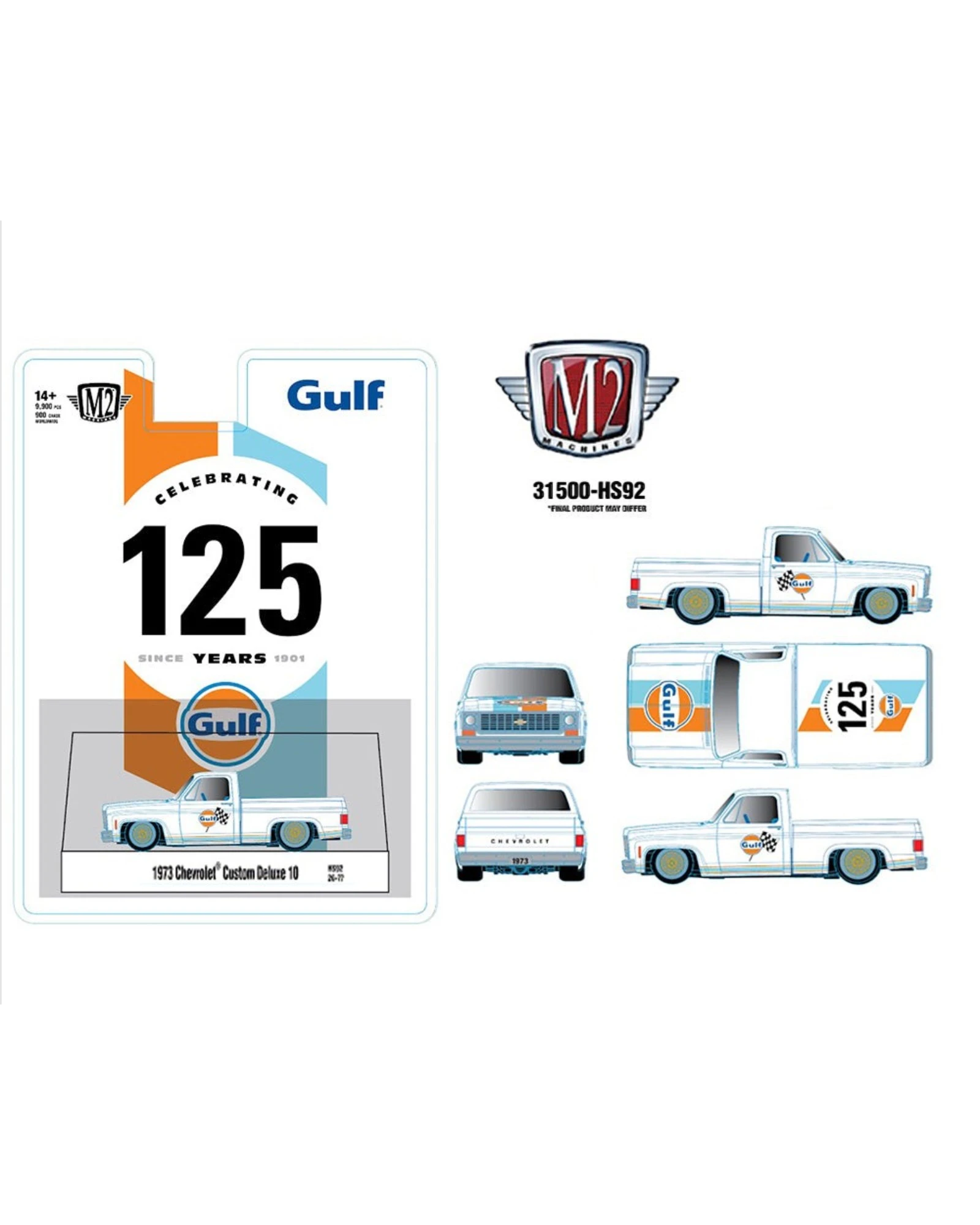 More Than Diecast M2 Machines 1:64 1973 Chevrolet Custom Deluxe 10 Gulf edition white die-cast truck in packaging.