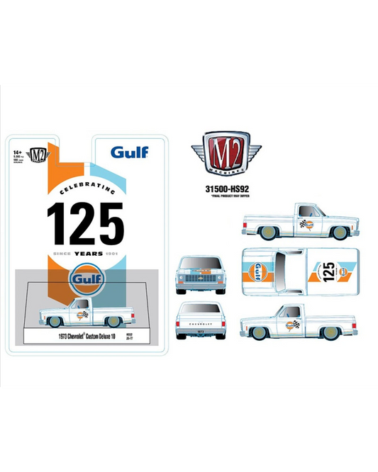 More Than Diecast M2 Machines 1:64 1973 Chevrolet Custom Deluxe 10 Gulf edition white die-cast truck in packaging.