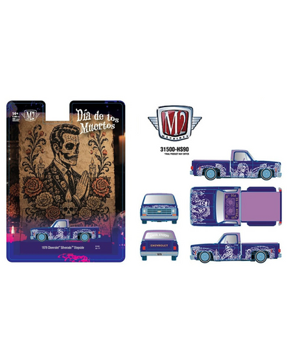 More Than Diecast M2 Machines 1979 Chevrolet Silverado Stepside purple die-cast truck with Dia De Los Muertos graphics