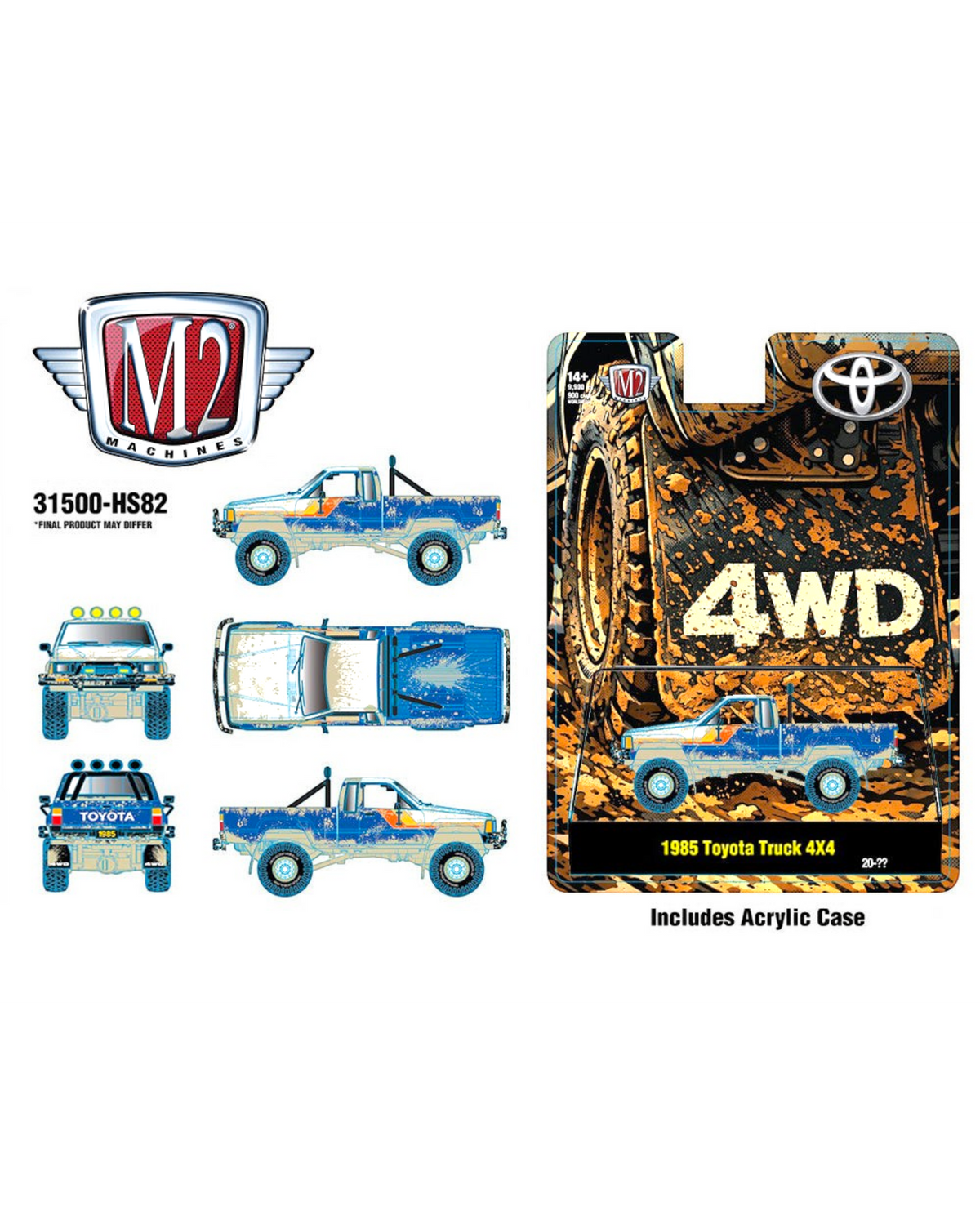 More Than Diecast M2 Machines 1:64 1985 Toyota Truck 4x4 in blue muddy finish with off-road detailing and acrylic case.