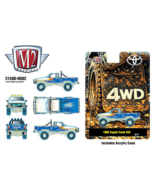 More Than Diecast M2 Machines 1:64 1985 Toyota Truck 4x4 in blue muddy finish with off-road detailing and acrylic case.