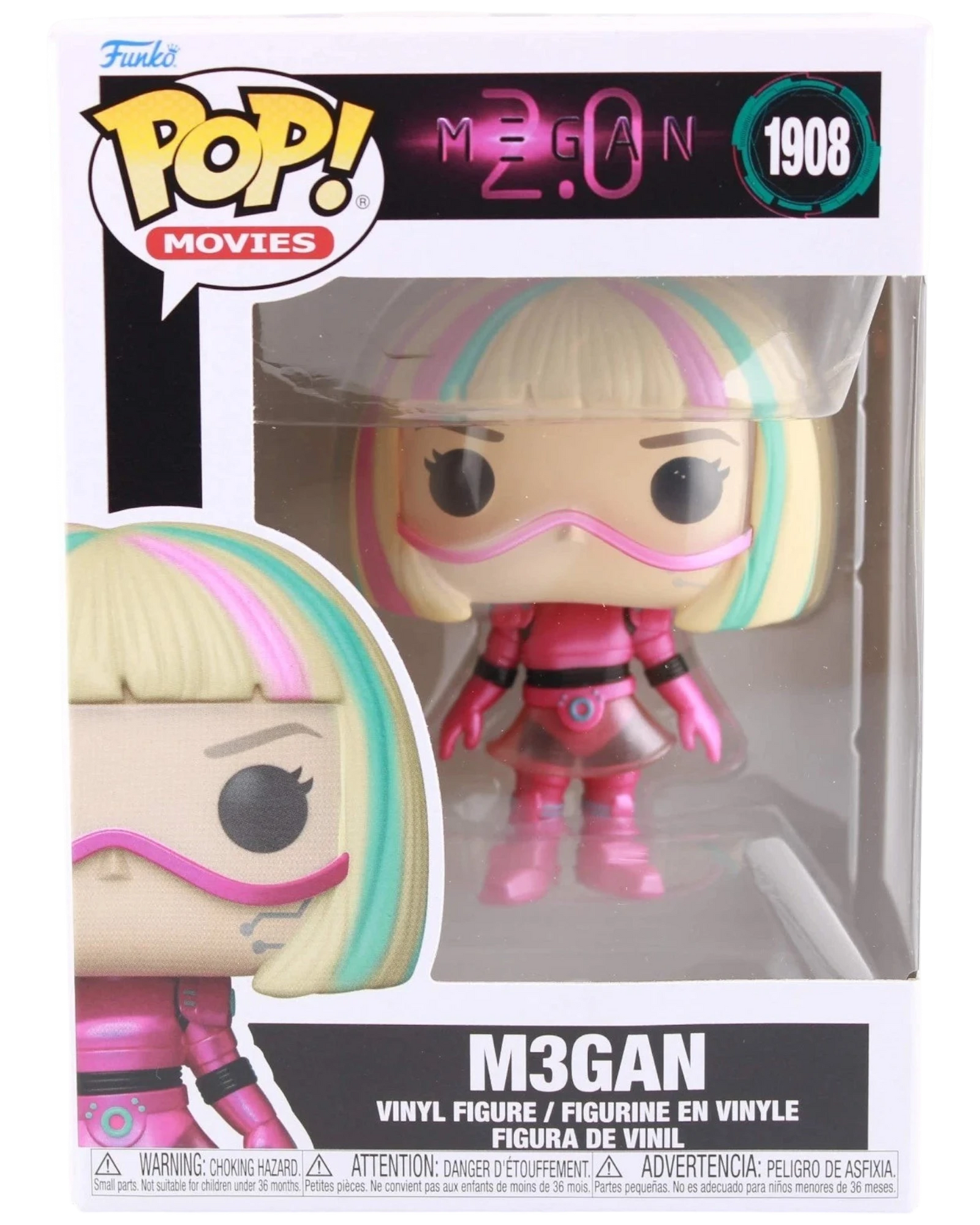 More Than Diecast Funko Pop! M3GAN 2.0 vinyl figure #1908 featuring the character in a pink outfit and blonde hair.