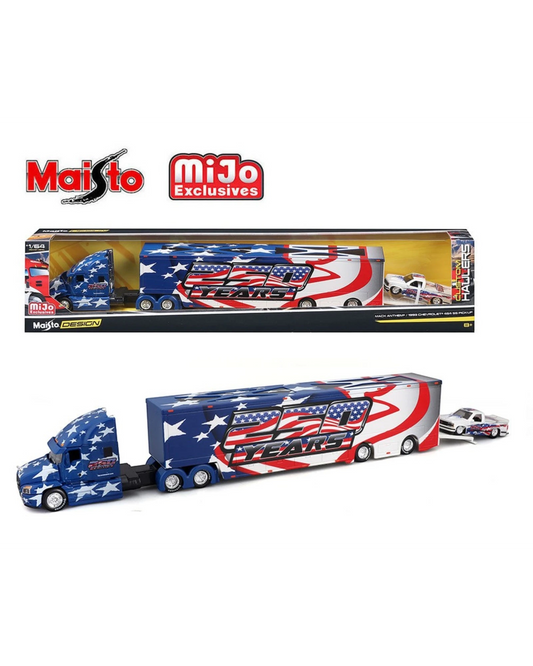 Maisto Mijo Exclusives 1:64 scale patriotic Mack Anthem transporter with 1993 Chevrolet 454 SS pickup, celebrating America's 250th year.