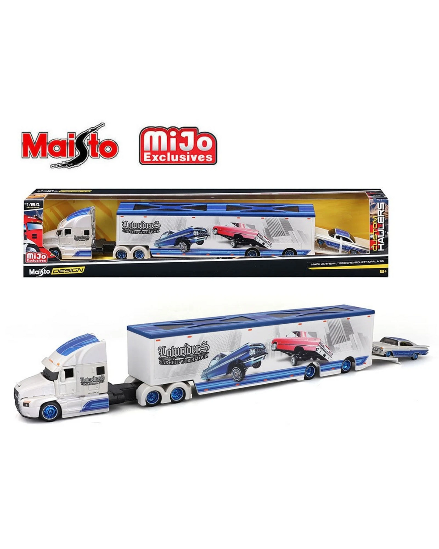 More Than Diecast Maisto Mijo Exclusives Mack Anthem transporter with 1:64 scale 1959 Chevrolet Impala SS lowrider. White and blue design.