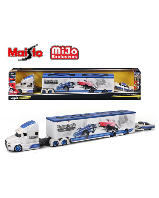 More Than Diecast Maisto Mijo Exclusives Mack Anthem transporter with 1:64 scale 1959 Chevrolet Impala SS lowrider. White and blue design.