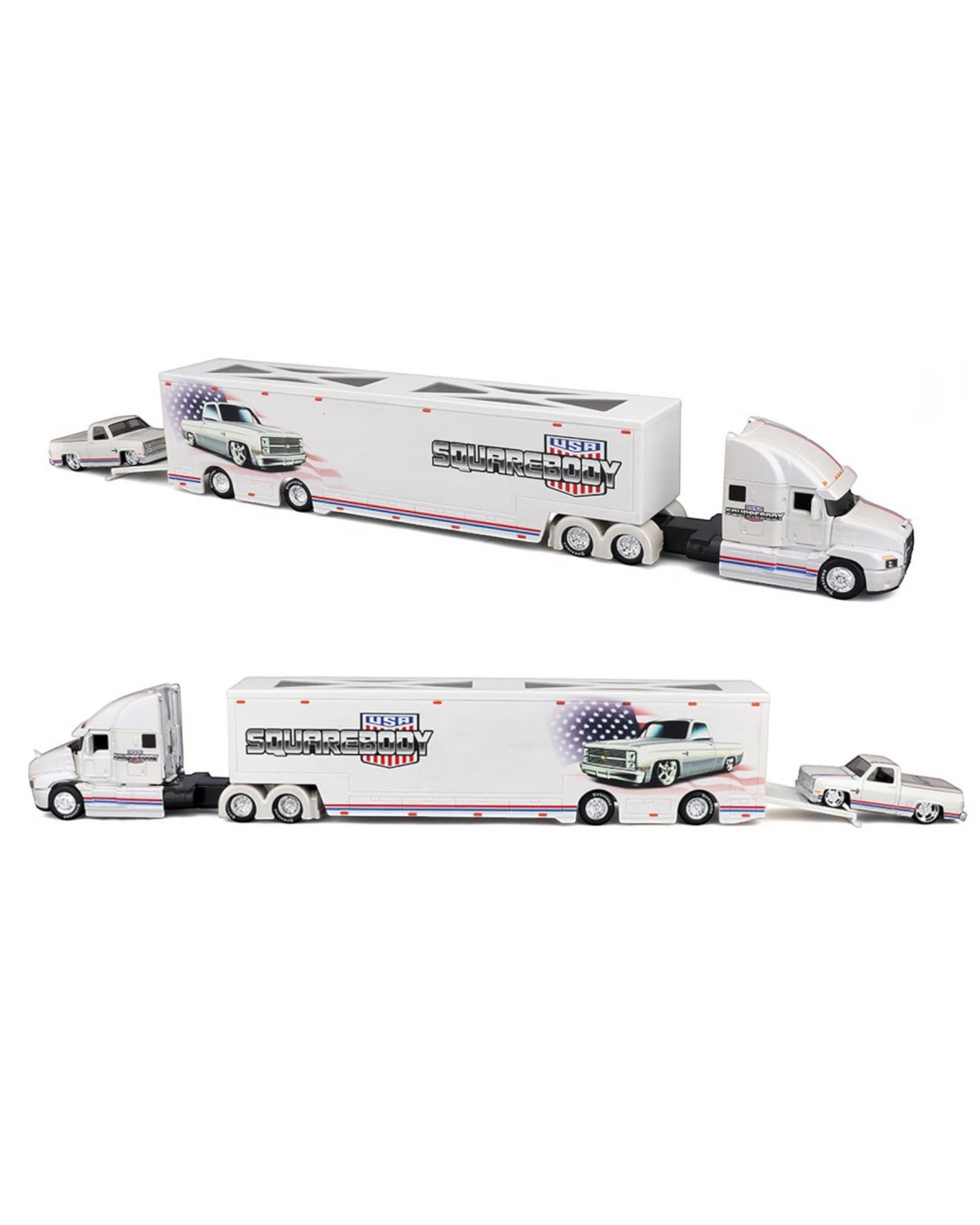 More Than Diecast Maisto 1:64 scale white Mack Anthem transporter with Squarebody USA livery and a 1987 Chevrolet 1500 pickup.