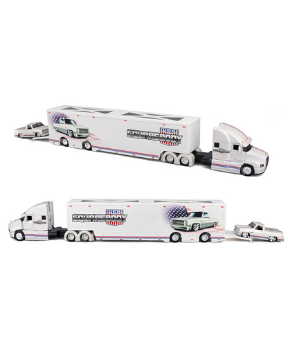More Than Diecast Maisto 1:64 scale white Mack Anthem transporter with Squarebody USA livery and a 1987 Chevrolet 1500 pickup.