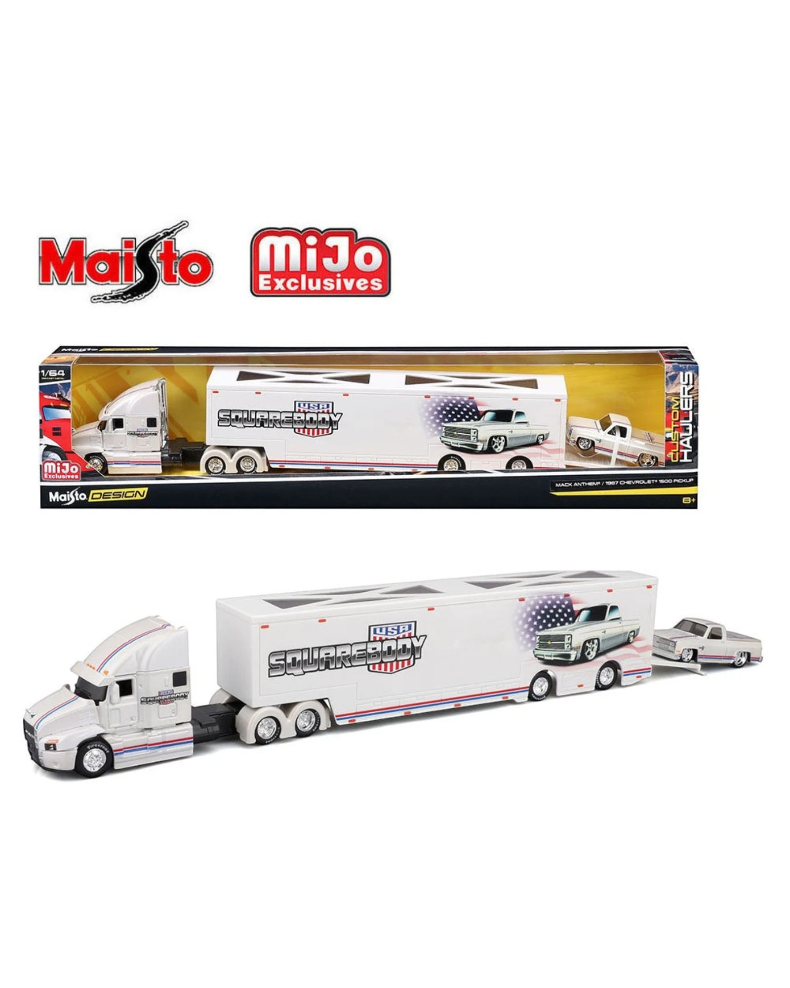 More Than Diecast Maisto 1:64 scale white Mack Anthem transporter with USA Squarebody graphics and a 1987 Chevrolet 1500 pickup truck.