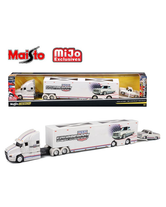More Than Diecast Maisto 1:64 scale white Mack Anthem transporter with USA Squarebody graphics and a 1987 Chevrolet 1500 pickup truck.