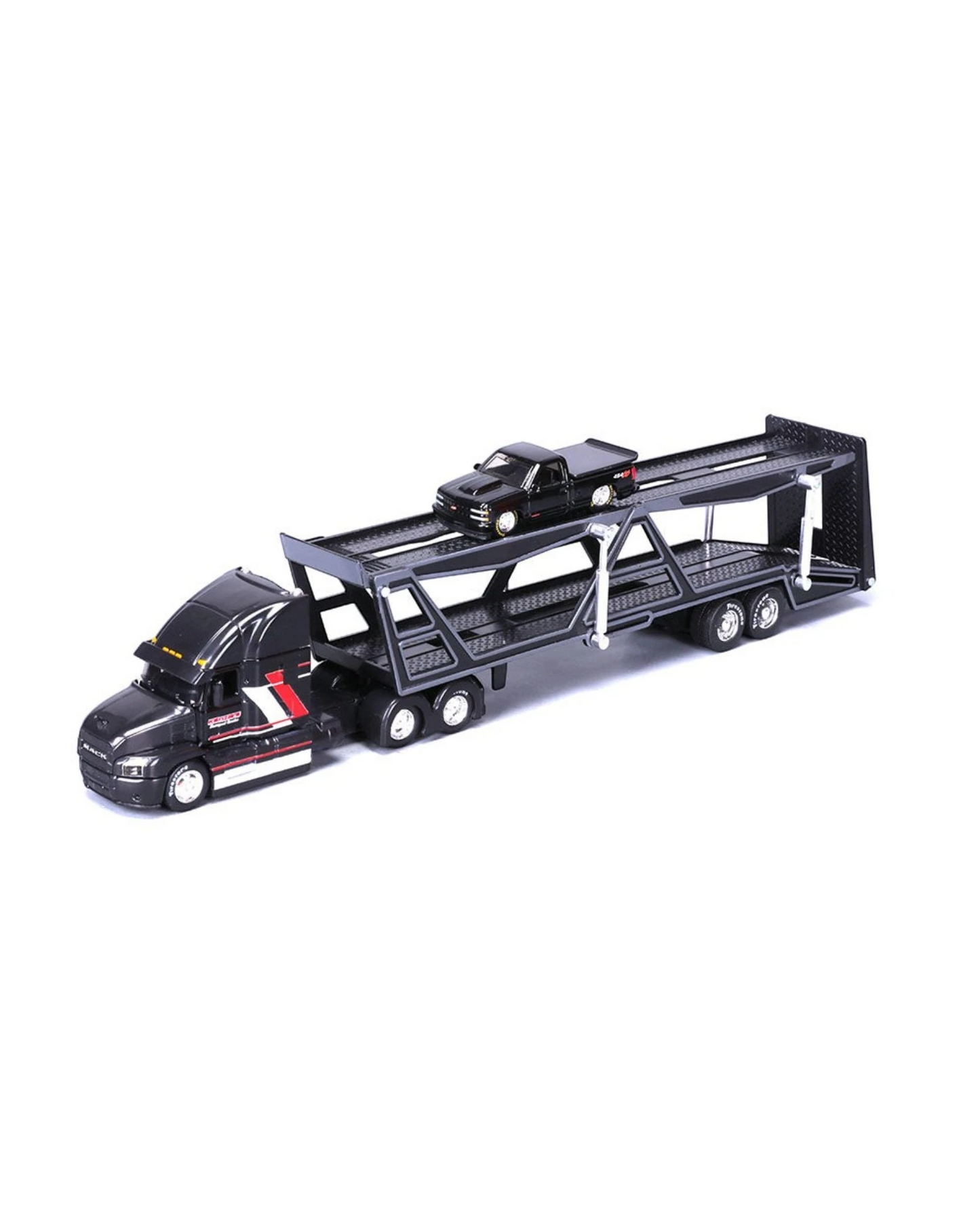 More Than Diecast Maisto 1:64 Mack Transporter with black 1993 Chevrolet 454 SS pickup truck die-cast model set.