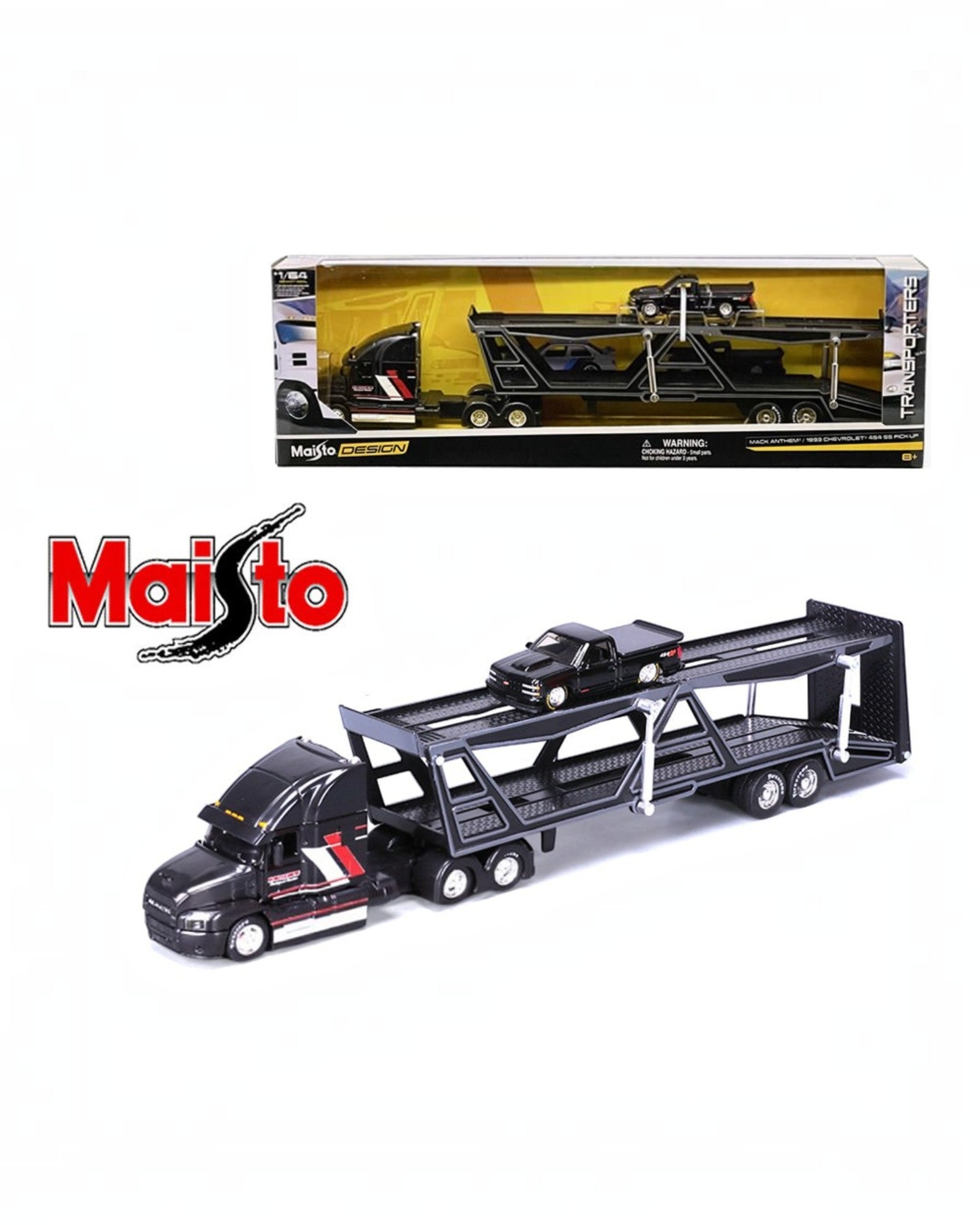 More Than Diecast 1:64 scale Maisto Mack transporter with a black 1993 Chevrolet 454 SS pickup truck die-cast set.
