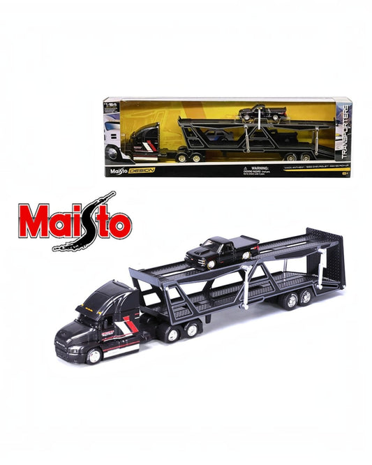 More Than Diecast 1:64 scale Maisto Mack transporter with a black 1993 Chevrolet 454 SS pickup truck die-cast set.