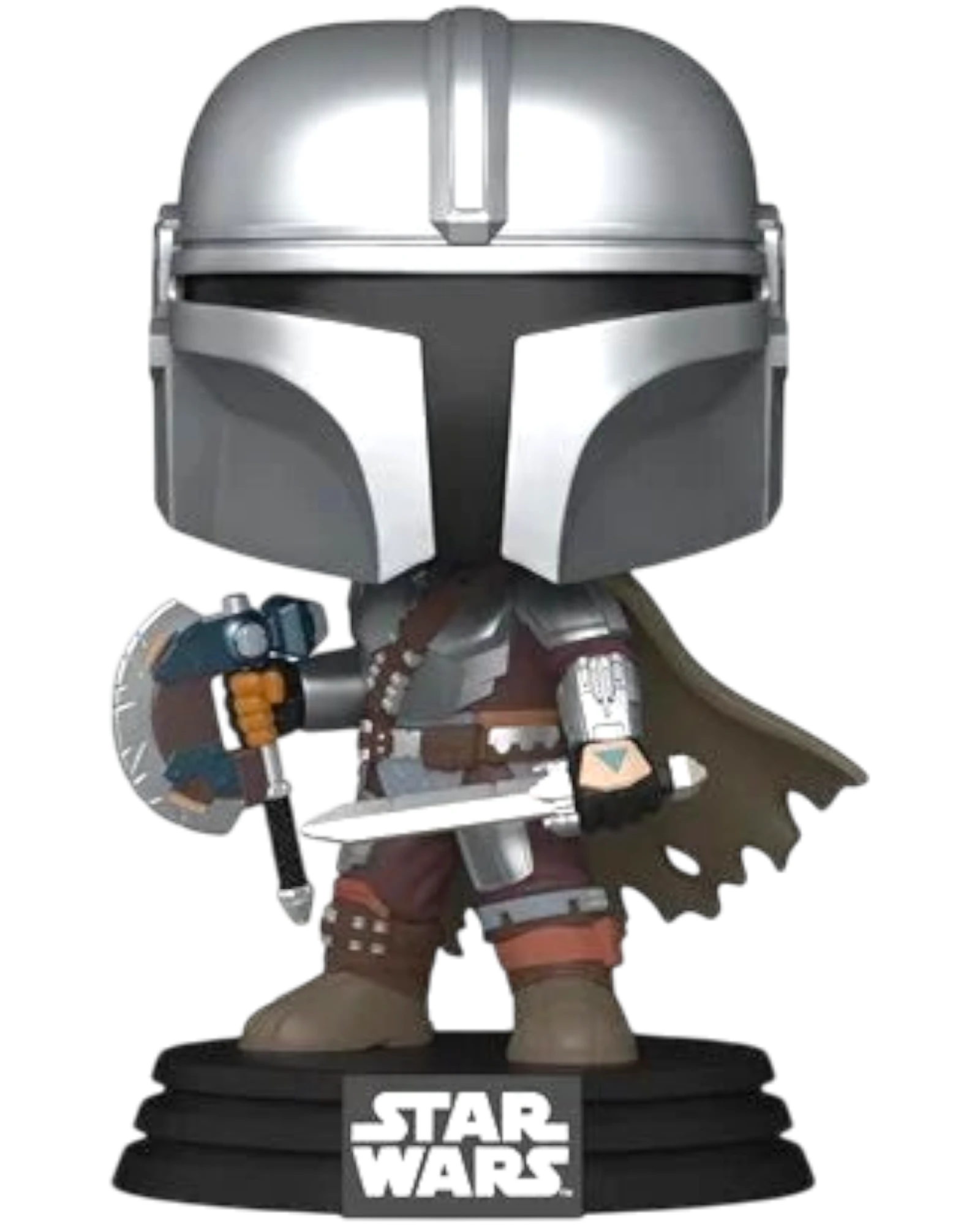 More Than Diecast Star Wars The Mandalorian Funko Pop! Vinyl Figure #844 with axe and knife, silver helmet, brown outfit.