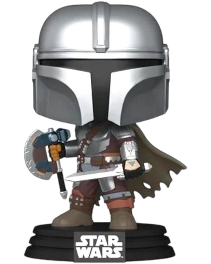 More Than Diecast Star Wars The Mandalorian Funko Pop! Vinyl Figure #844 with axe and knife, silver helmet, brown outfit.