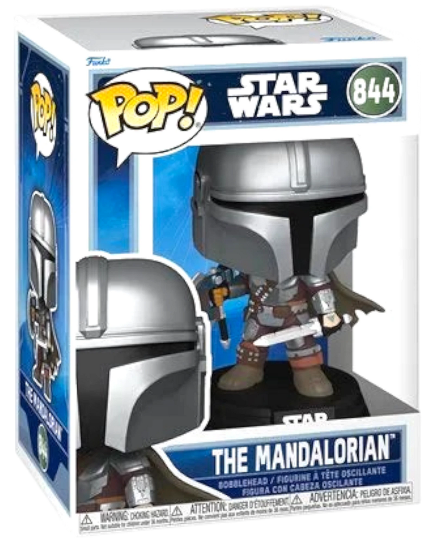 More Than Diecast Star Wars The Mandalorian Funko Pop! Vinyl Figure #844, silver and grey armor, holding a blaster.
