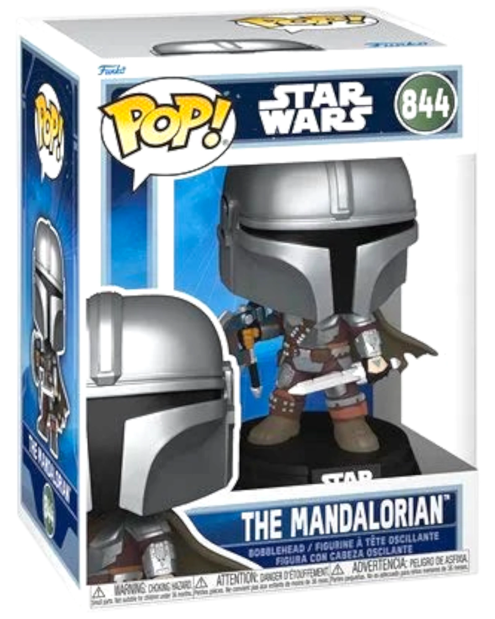 More Than Diecast Star Wars The Mandalorian Funko Pop! Vinyl Figure #844, silver and grey armor, holding a blaster.