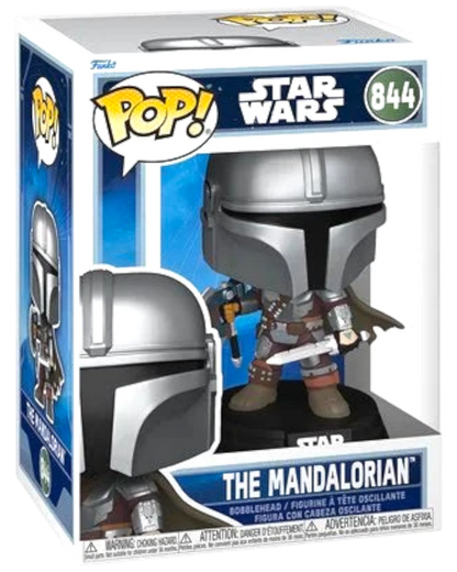 More Than Diecast Star Wars The Mandalorian Funko Pop! Vinyl Figure #844, silver and grey armor, holding a blaster.