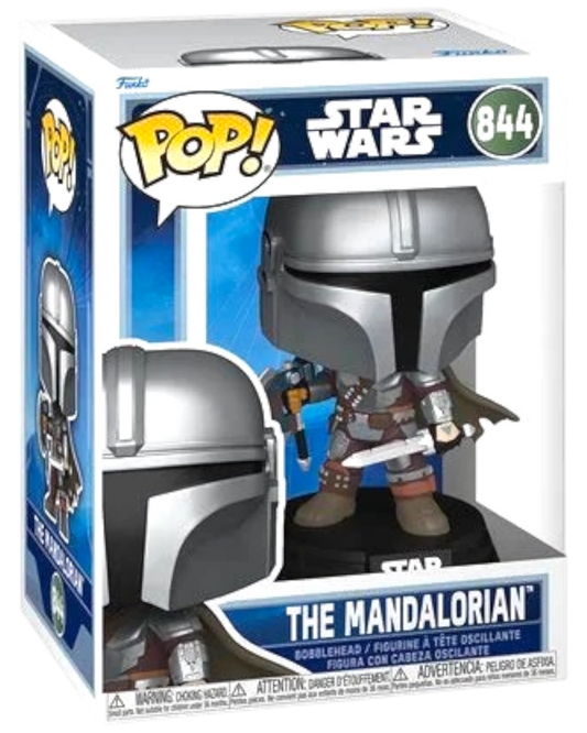 More Than Diecast Star Wars The Mandalorian Funko Pop! Vinyl Figure #844, silver and grey armor, holding a blaster.