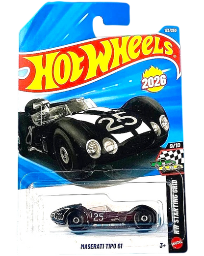 More Than Diecast Hot Wheels 2026 Maserati Tipo 61 black die-cast car in original blister pack packaging