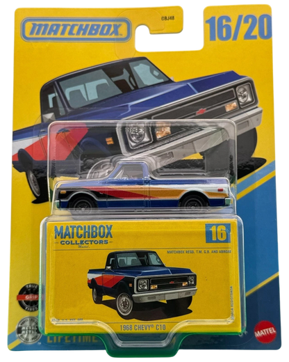 More Than Diecast Matchbox Collectors 1968 Chevy C10 blue pickup truck in original yellow and blue blister packaging