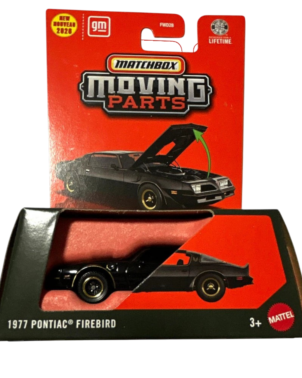 More Than Diecast Matchbox 1977 Pontiac Firebird black die-cast car in original blister packaging with opening hood