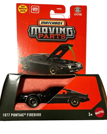 More Than Diecast Matchbox 1977 Pontiac Firebird black die-cast car in original blister packaging with opening hood