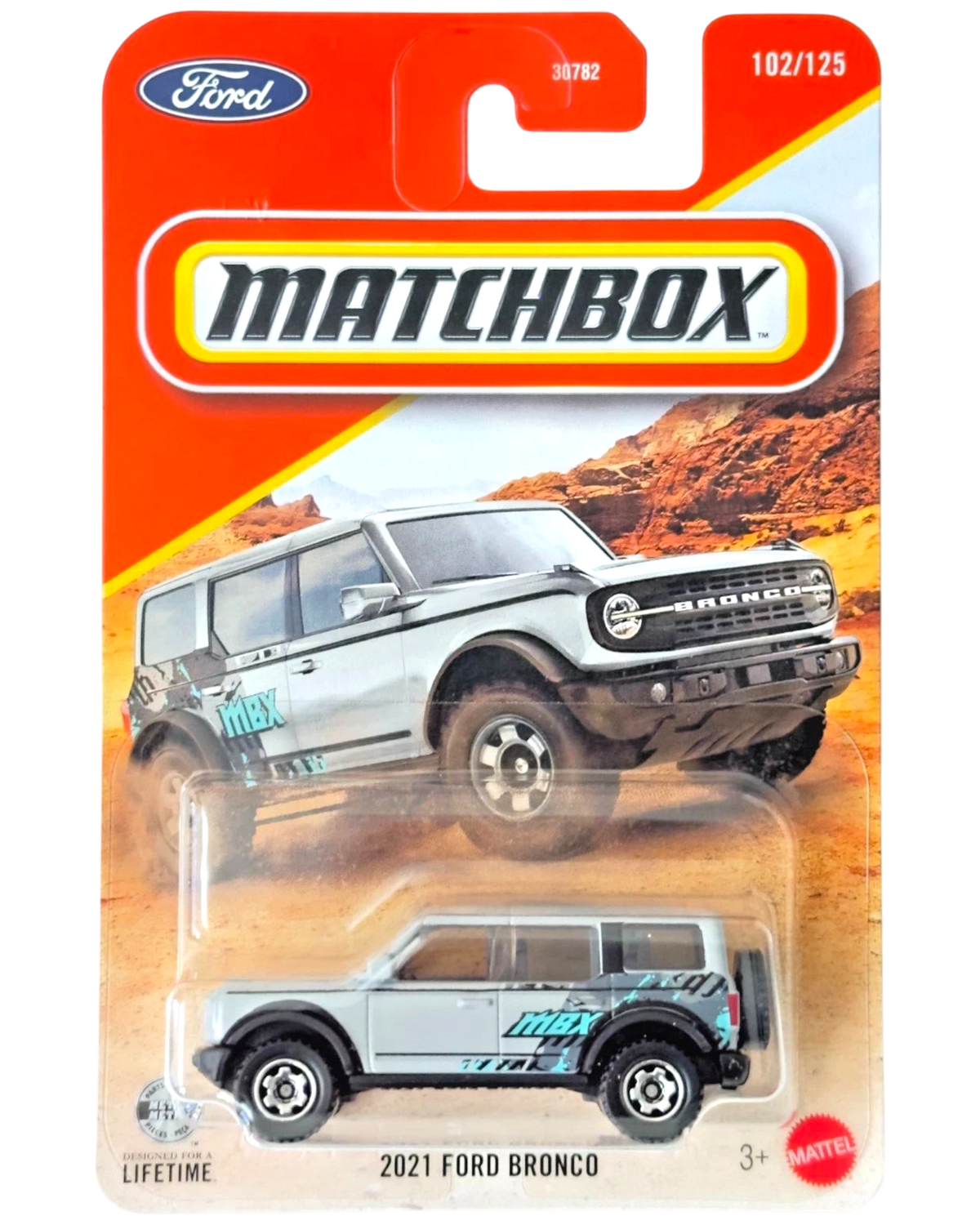 More Than Diecast Matchbox 2026 21 Ford Bronco die-cast SUV in silver with off-road graphics on blister card packaging