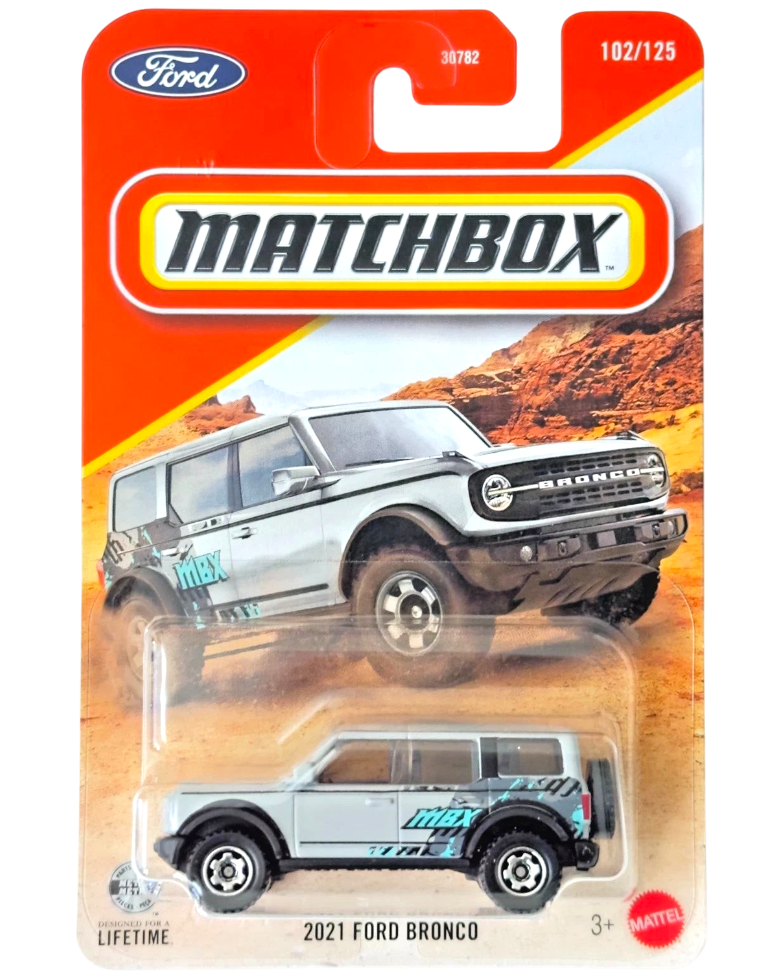 More Than Diecast Matchbox 2026 21 Ford Bronco die-cast SUV in silver with off-road graphics on blister card packaging