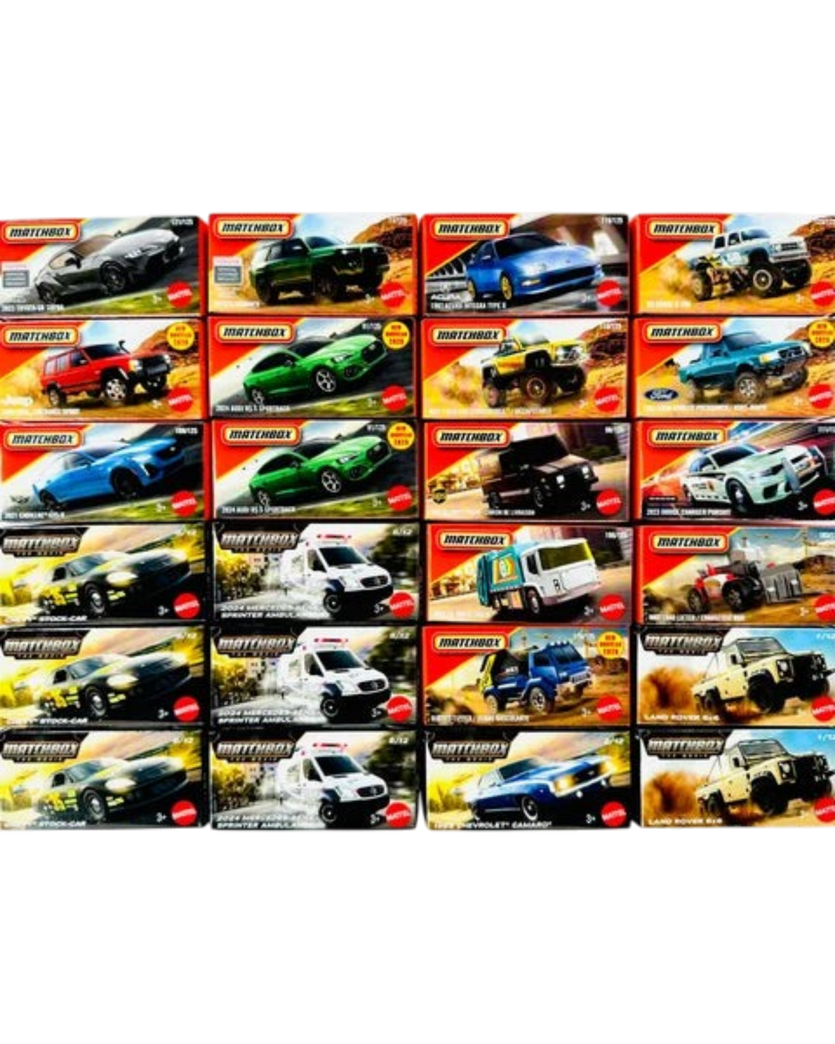 More Than Diecast Matchbox 2026 Power Grabs Case M assortment featuring 24 assorted collectible toy vehicle boxes