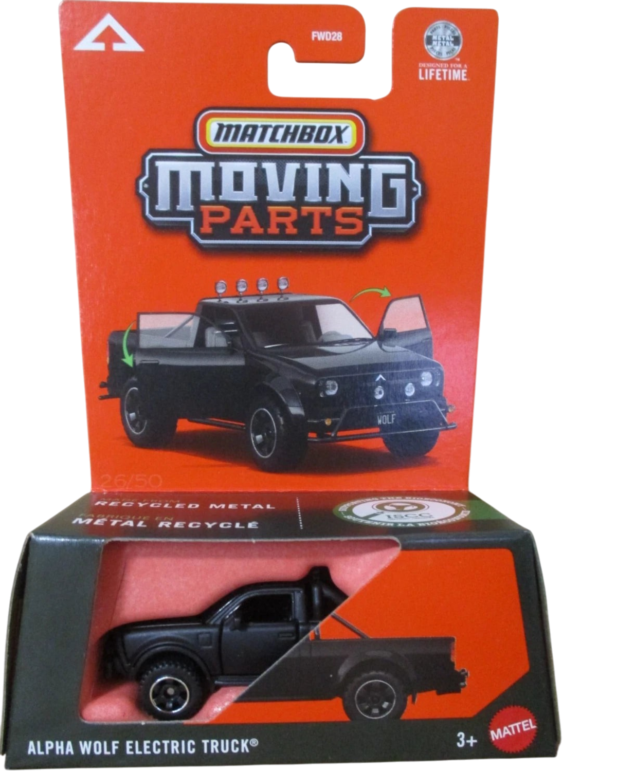 More Than Diecast Matchbox Alpha Wolf electric pickup truck in black 1:64 scale die-cast with moving parts packaging