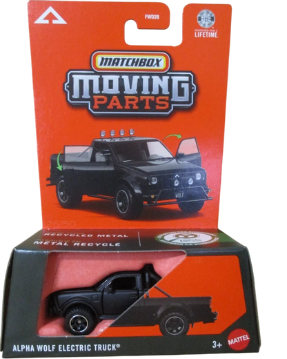 More Than Diecast Matchbox Alpha Wolf electric pickup truck in black 1:64 scale die-cast with moving parts packaging