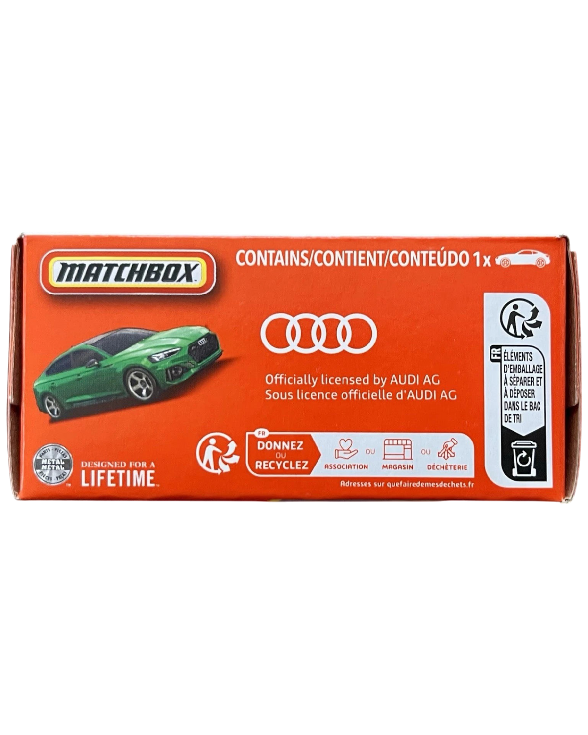 More Than Diecast Matchbox 2024 Audi RS 5 Sportback Power Grab orange packaging with green car illustration
