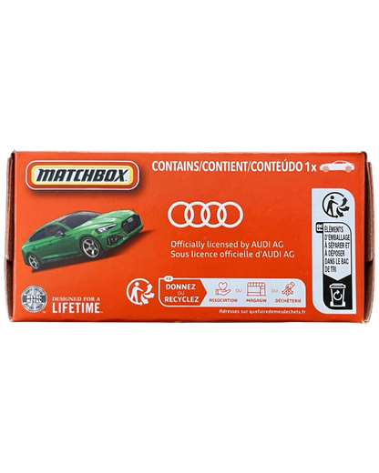 More Than Diecast Matchbox 2024 Audi RS 5 Sportback Power Grab orange packaging with green car illustration