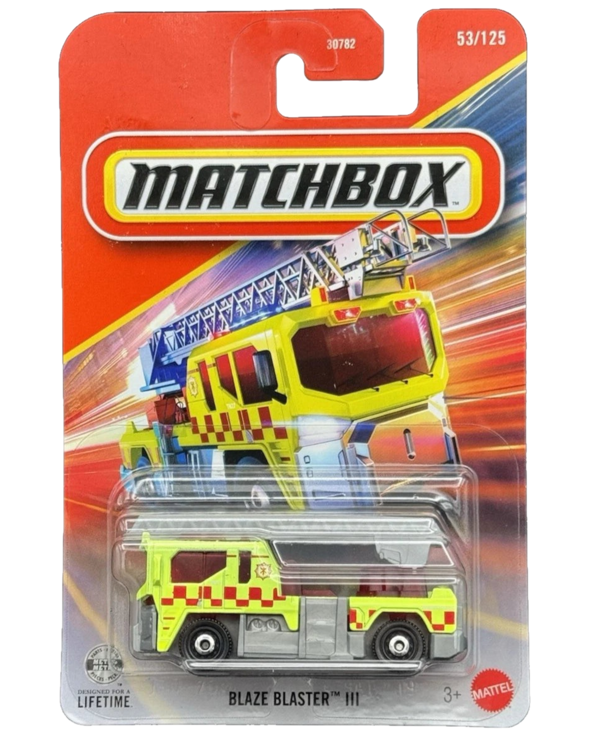 More Than Diecast Matchbox Blaze Blaster III yellow fire truck in 1:64 scale die-cast packaging