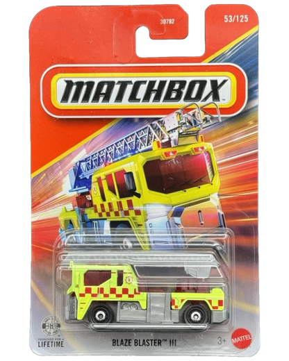 More Than Diecast Matchbox Blaze Blaster III yellow fire truck in 1:64 scale die-cast packaging