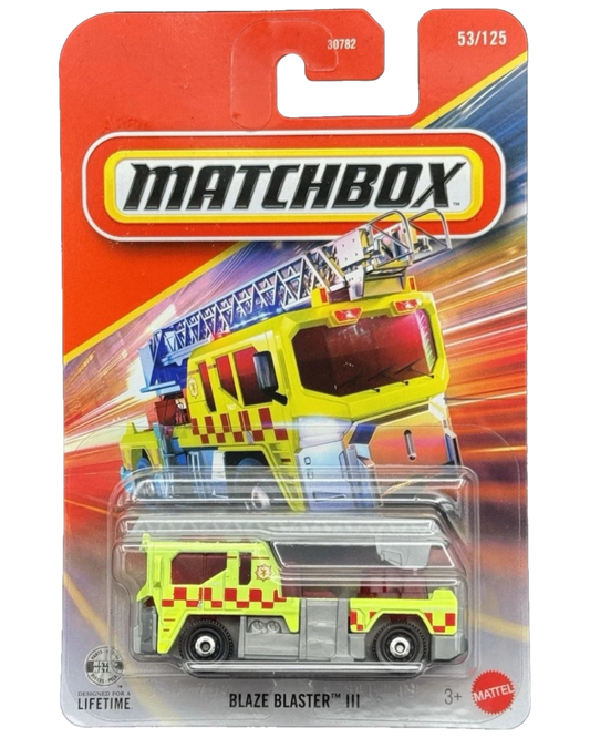 More Than Diecast Matchbox Blaze Blaster III yellow fire truck in 1:64 scale die-cast packaging