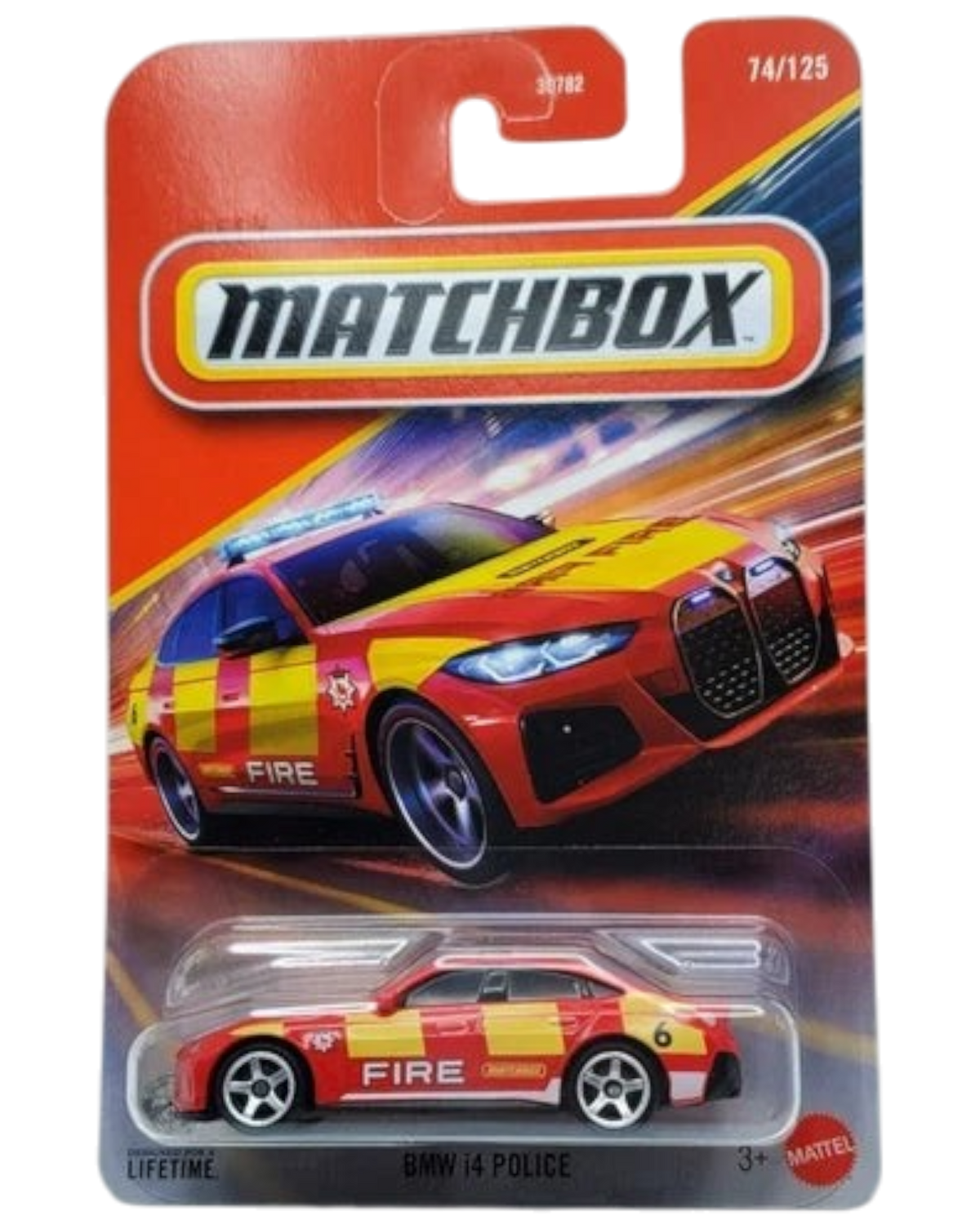 More Than Diecast Matchbox 1:64 scale BMW i4 police car in red and yellow livery on blister card packaging