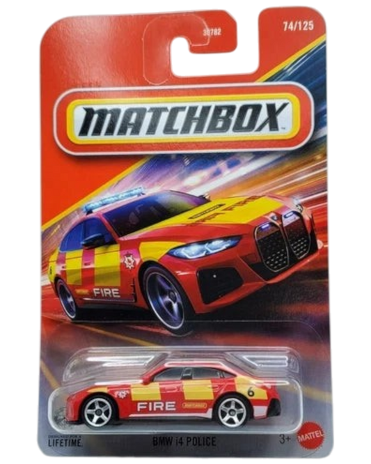 More Than Diecast Matchbox 1:64 scale BMW i4 police car in red and yellow livery on blister card packaging