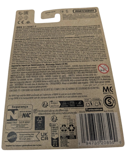 More Than Diecast Matchbox BMW R1200RT-P police motorcycle packaging back view showing product details and warnings