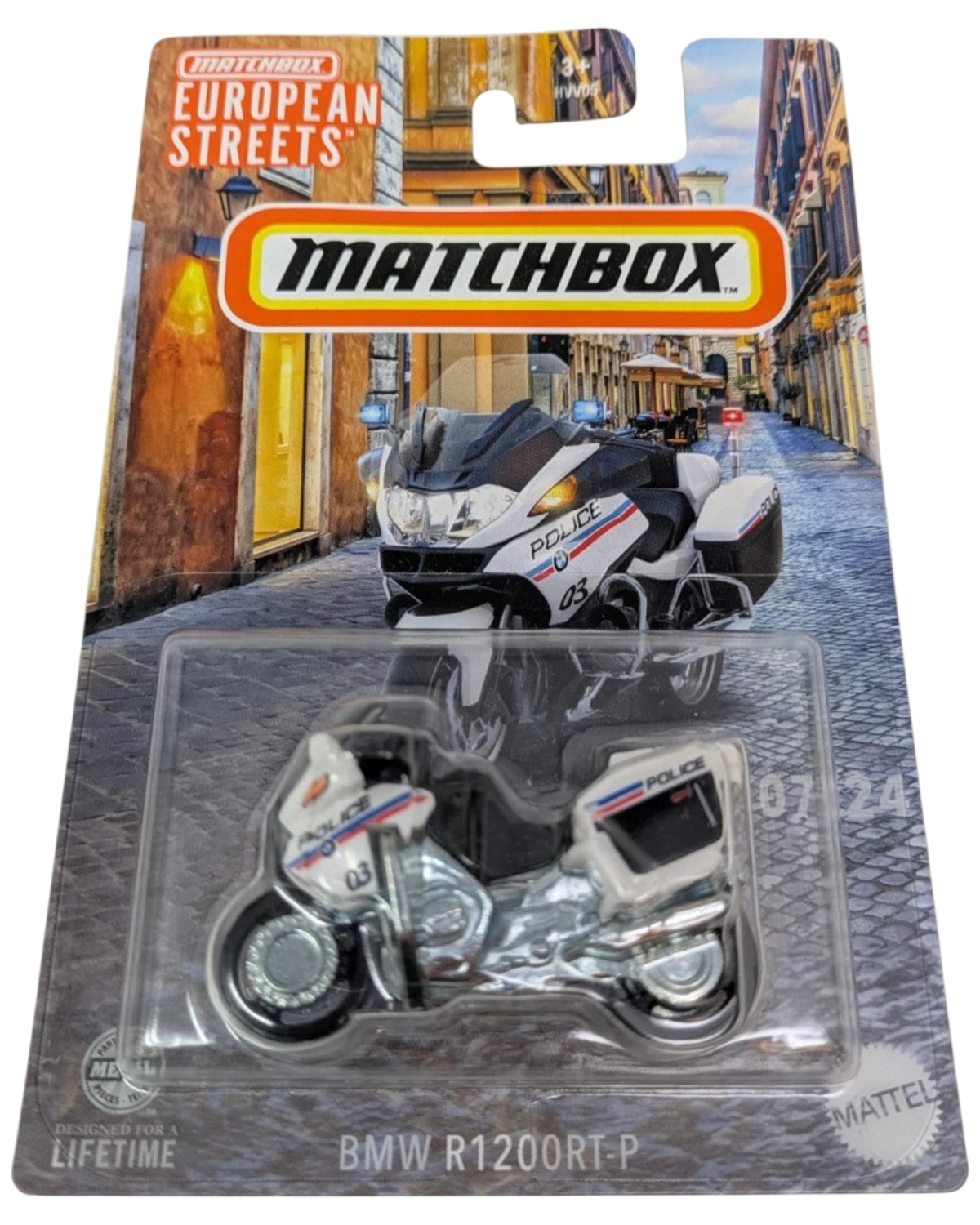 More Than Diecast Matchbox BMW R1200RT-P police motorcycle in white, 1:64 scale die-cast toy in original packaging.