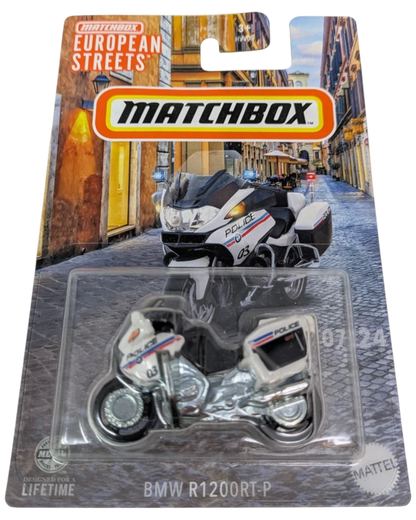 More Than Diecast Matchbox BMW R1200RT-P police motorcycle in white, 1:64 scale die-cast toy in original packaging.