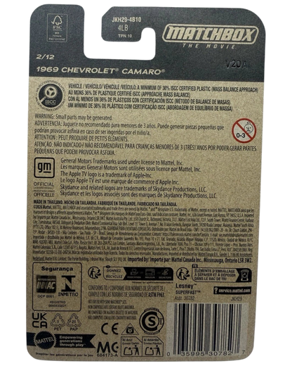 More Than Diecast Matchbox The Movie 1969 Chevrolet Camaro die-cast packaging back with product details and warnings