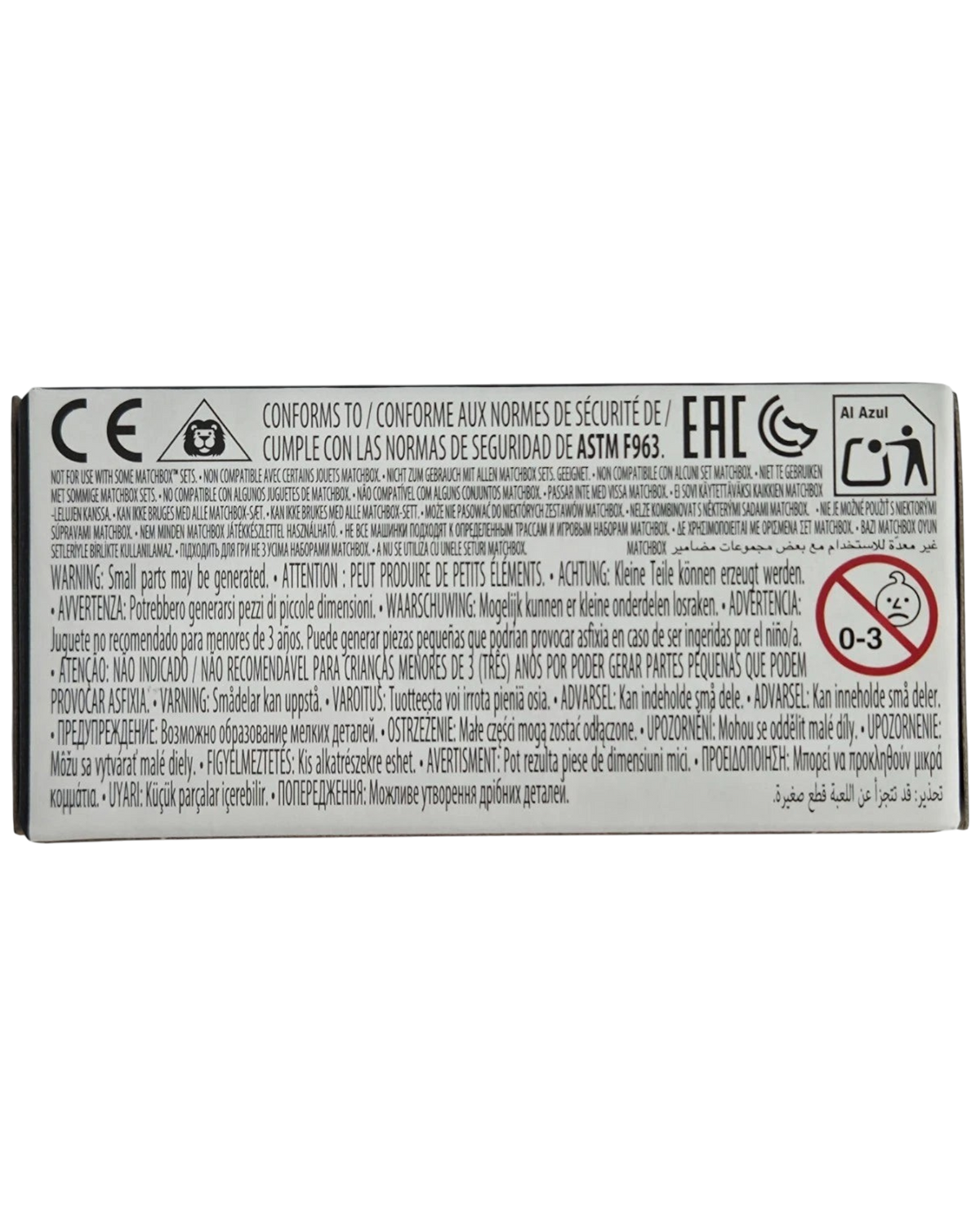 More Than Diecast Matchbox 1969 Chevrolet Camaro packaging back view with safety warnings and blue color label