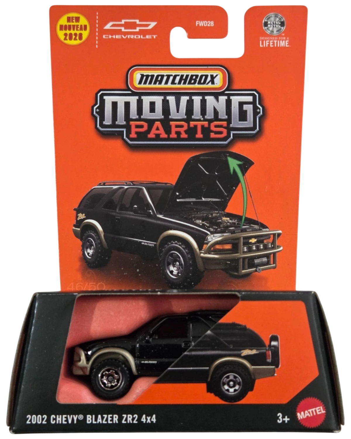More Than Diecast Matchbox 2002 Chevy Blazer ZR2 4x4 die-cast SUV in black with moving hood feature in packaging