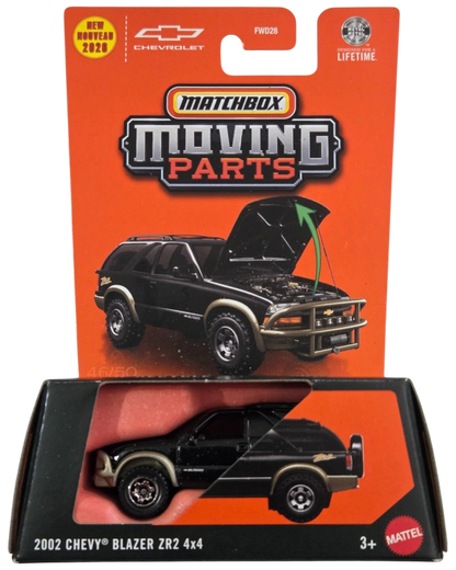 More Than Diecast Matchbox 2002 Chevy Blazer ZR2 4x4 die-cast SUV in black with moving hood feature in packaging