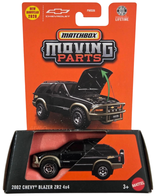 More Than Diecast Matchbox 2002 Chevy Blazer ZR2 4x4 die-cast SUV in black with moving hood feature in packaging
