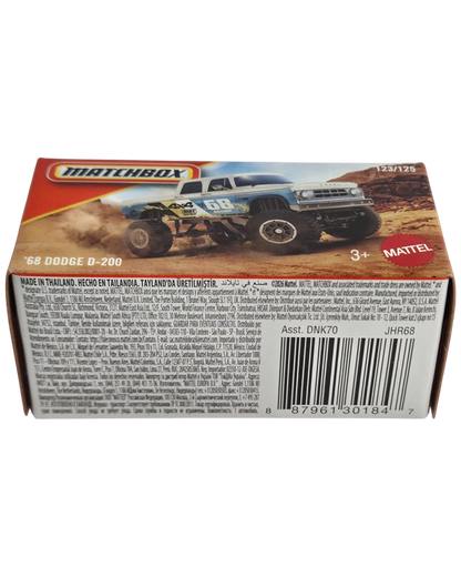 More Than Diecast Matchbox 1968 Dodge D-200 Adventure pickup truck packaging showing off-road vehicle illustration