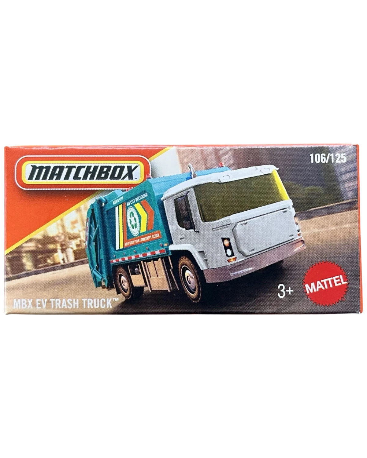 More Than Diecast Matchbox MBX EV Trash Truck 1:64 scale die-cast vehicle in original Power Grab packaging